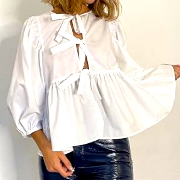 Amazon Tops - NWT White Puff Sleeve Peplum Top Sz M Women